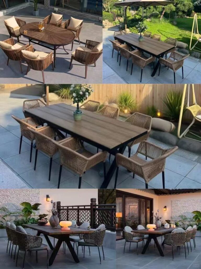 1. Wrought Iron Tables and Chairs ✔ Pros: Wrought iron is known for its durability and strength. It can handle frequent use and harsh weather conditions, making it a long-lasting option. It’s also relatively affordable, offering great value for those looking for sturdy furniture without a high price tag. ❌ Cons: Iron tends to feel cold to the touch, which might not be ideal for cooler seasons. The biggest drawback is its susceptibility to rust, especially in humid or rainy climates. Without regular maintenance and protective coatings, wrought iron furniture can corrode over time.
